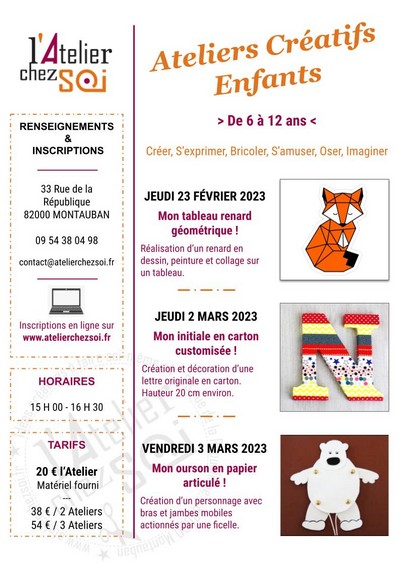 [Termin] Ateliers Cratifs pour Enfants Vacances Fvrier 2023 Montauban