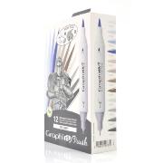 Feutres Graph'It Brush 12 couleurs Mix Gris Marqueurs à Alcool Double-Pointe Pinceau et Fine