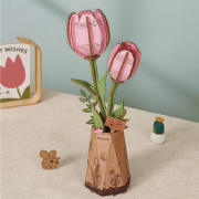 Maquette Bois Pot de Fleurs Tulipe Rose Puzzle 3D de 72 pièces TW082 Rolife