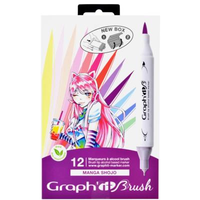 Feutres Graph'It Brush 12 couleurs Manga Shojo Marqueurs à Alcool Double-Pointe Pinceau et Fine