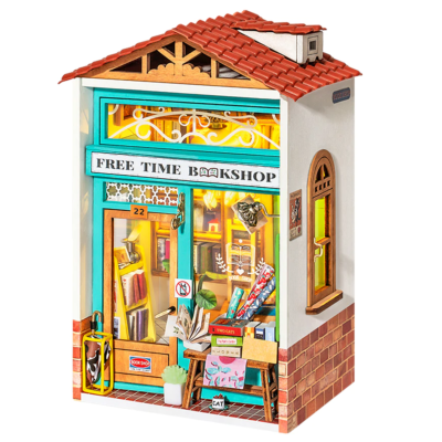Kit Maquette Bois Ville miniature Boutique Librairie Free Time Bookshop 8.5x6.2x12.8 cm DS008 Rolife