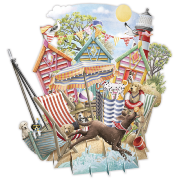 Carte 3D Cabanes de Plage Chiens 16x16 Décor en relief avec enveloppe