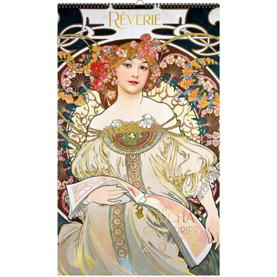 Calendrier mural Luxe 2025 Alphonse Mucha 12 illustrations 12 mois Doré Or chaud 29X49 cm