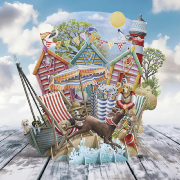 Carte 3D Cabanes de Plage Chiens 16x16 Décor en relief avec enveloppe