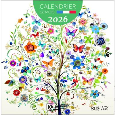 Calendrier mural 2026 Fleurs Portfolio 12 illustrations 16 mois 30X30 cm Bug Art Kiub