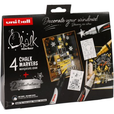 Coffret Marqueurs Craie X4 Blanc Or Argent Noir Chalk Marker Poster Noël Scandinave 2024 Uni-ball