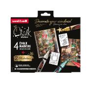 Coffret Marqueurs Craie X4 Blanc Or Vert Rouge Chalk Marker Poster Noël Traditionnel 2024 Uni-ball