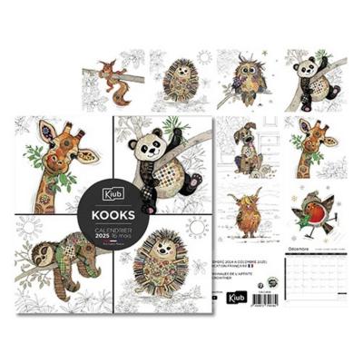 Calendrier mural 2025 Kooks Animaux 12 illustrations 16 mois 30X30 cm Bug Art Kiub