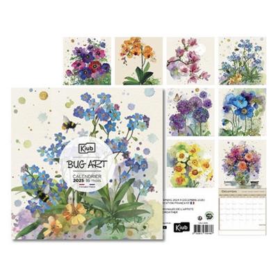 Calendrier mural 2025 Aquarelle Fleurs 12 illustrations 16 mois 30X30 cm Bug Art Kiub