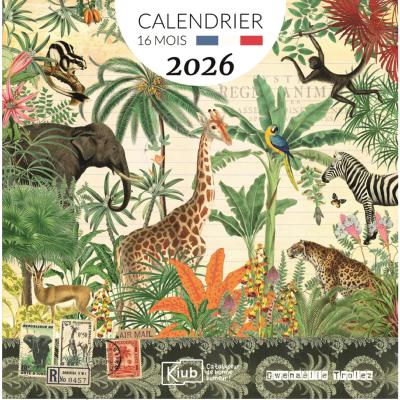 Calendrier mural 2026 Animaux Savane 12 illustrations Gwenaëlle Trolez 16 mois 30X30 cm Kiub