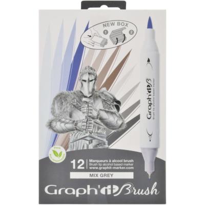 Feutres Graph'It Brush 12 couleurs Mix Gris Marqueurs à Alcool Double-Pointe Pinceau et Fine